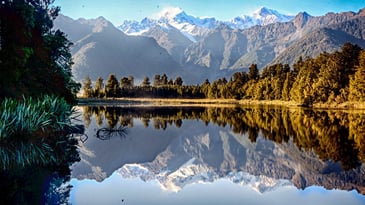 New Zealand reflective lake with mountains